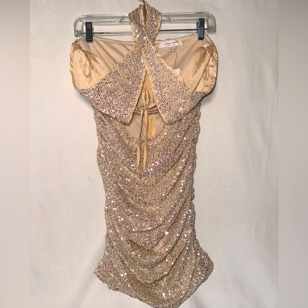 NWT Cherry Mellow Champagne sequin “You Can Get It” mini dress Sz M